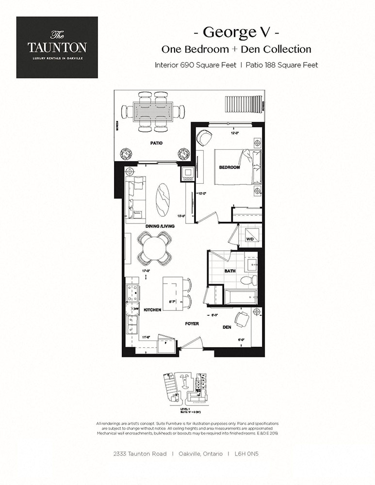Floor plan for 1 bed, 1 bath, 690 sqft