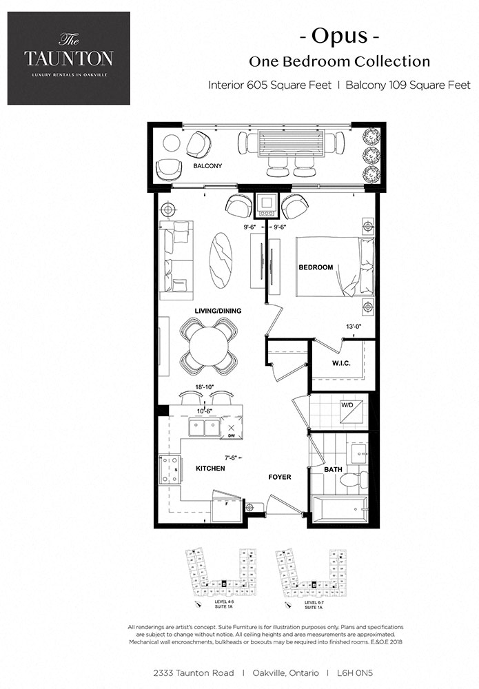 Floor plan for 1 bed, 1 bath, 605 sqft