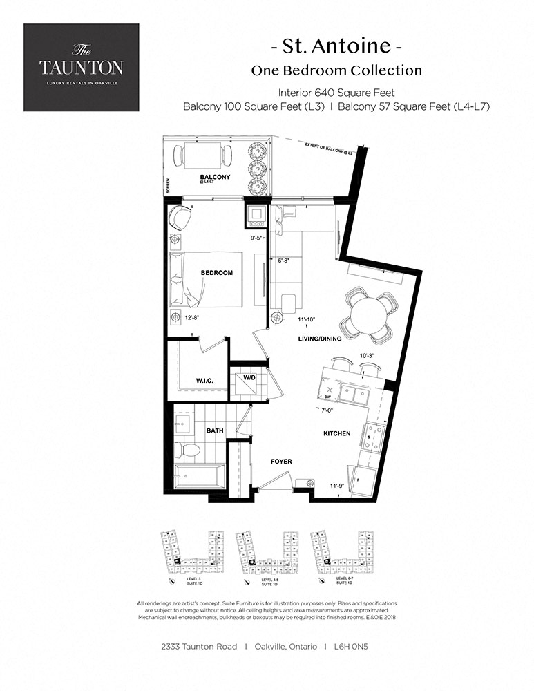 Floor plan for 1 bed, 1 bath, 640 sqft