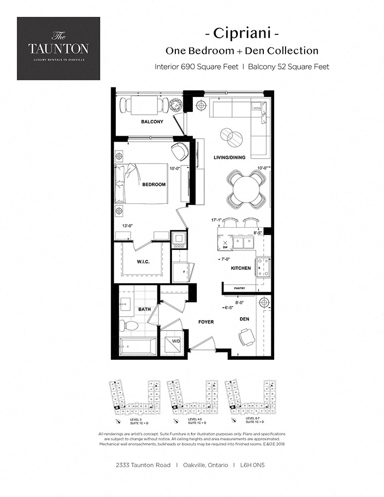 Floor plan for 1 bed, 1 bath, 690 sqft