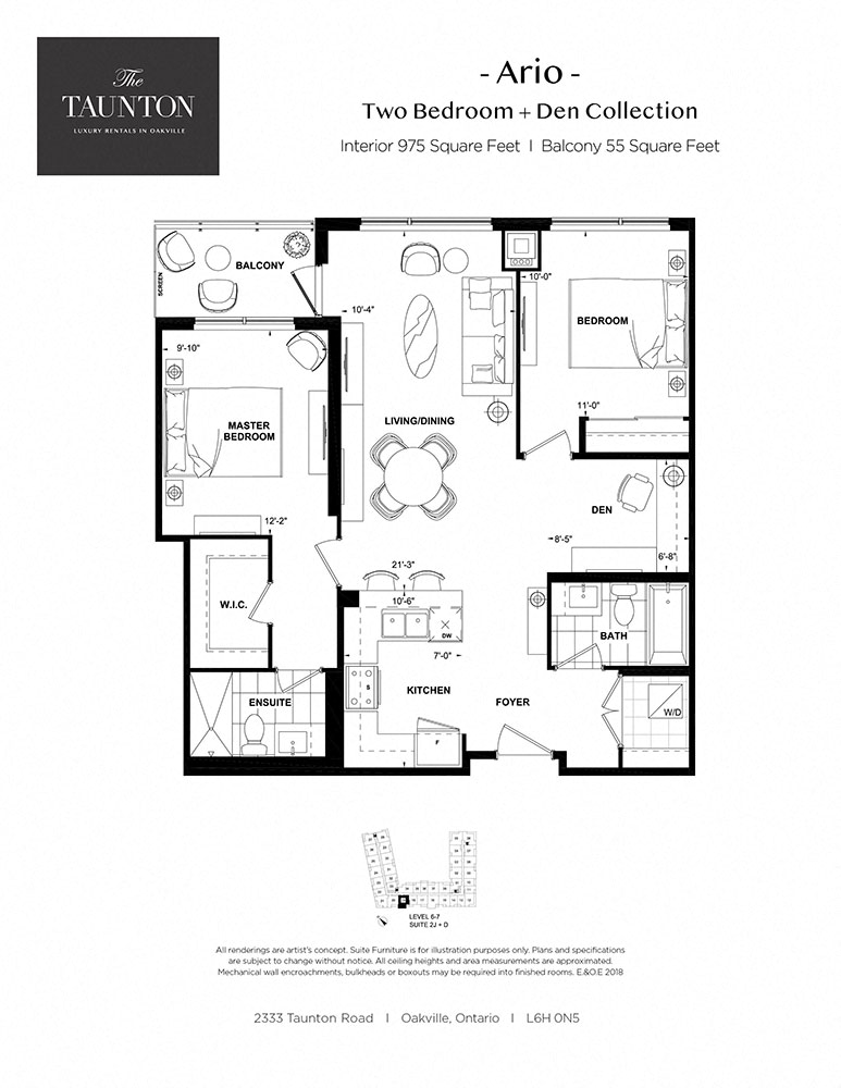 Floor plan for 2 beds, 2 baths, 975 sqft