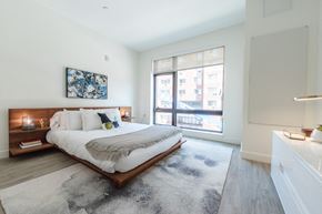 Beverly apartment for rent - Two-Bedroom Apartments in Beverly, MA - Holmes Beverly - Spacious Bedroom With Platform Bed, Oversized Window, Wood-Look Flooring, White Dresser, Wall Art, and Soft Area Rug