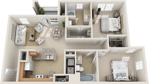 Floor plan for 2 beds, 2 baths, 960 sqft