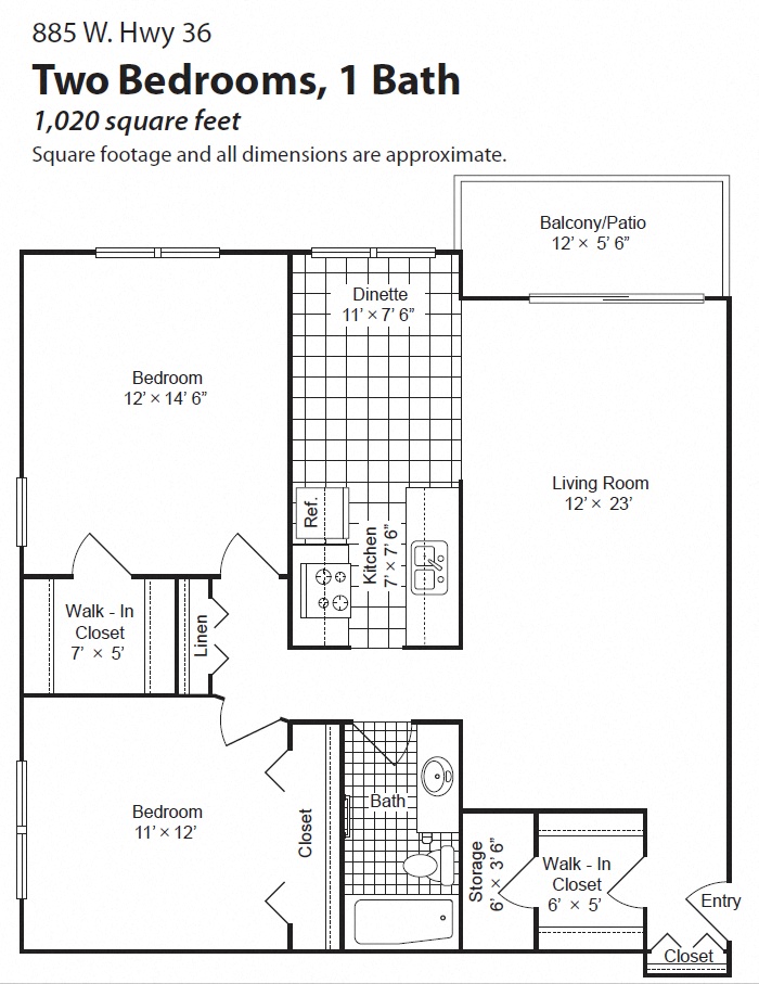 Floor plan for 2 beds, 1 bath, 1020 sqft