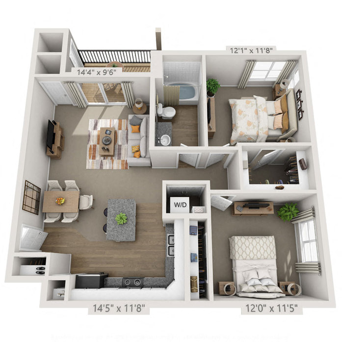 Floor plan for 2 beds, 1 bath, 937 sqft