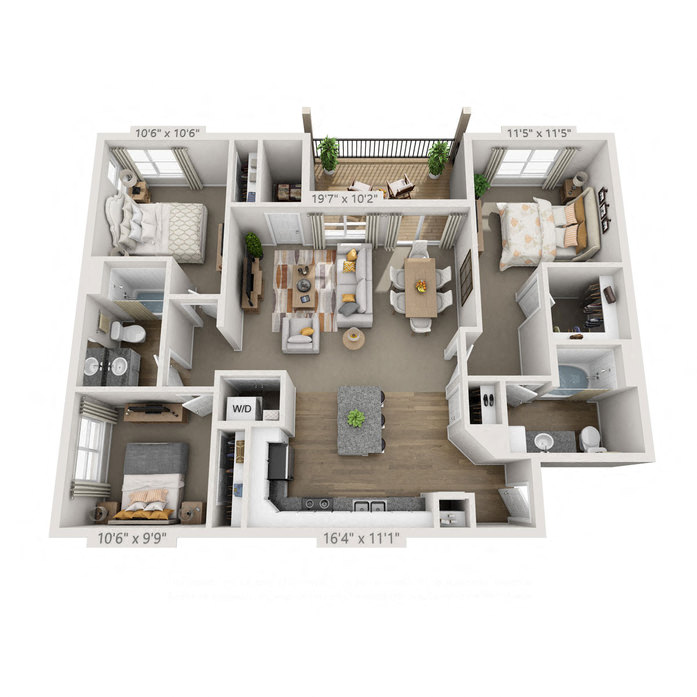 Floor plan for 3 beds, 2 baths, 1210 sqft