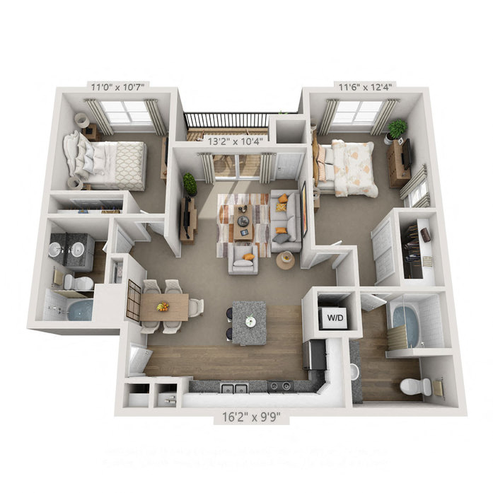 Floor plan for 2 beds, 2 baths, 1027 sqft
