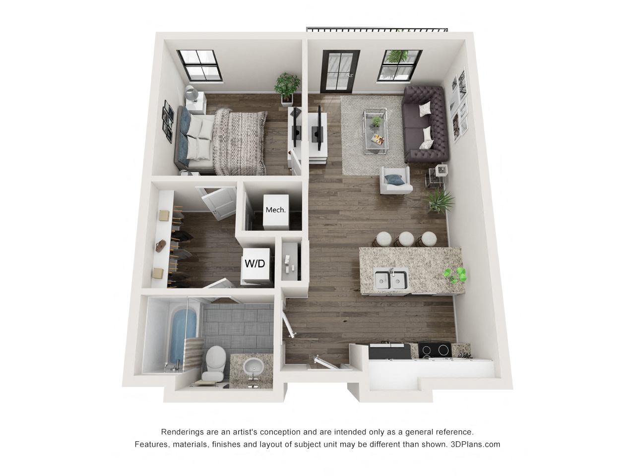 Floor plan for 1 bed, 1 bath, 651 sqft