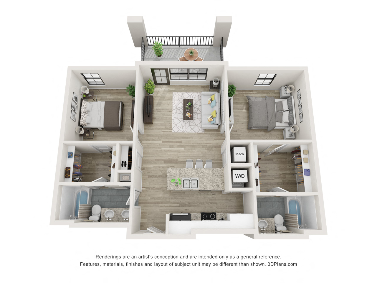 Floor plan for 2 beds, 2 baths, 1056 sqft