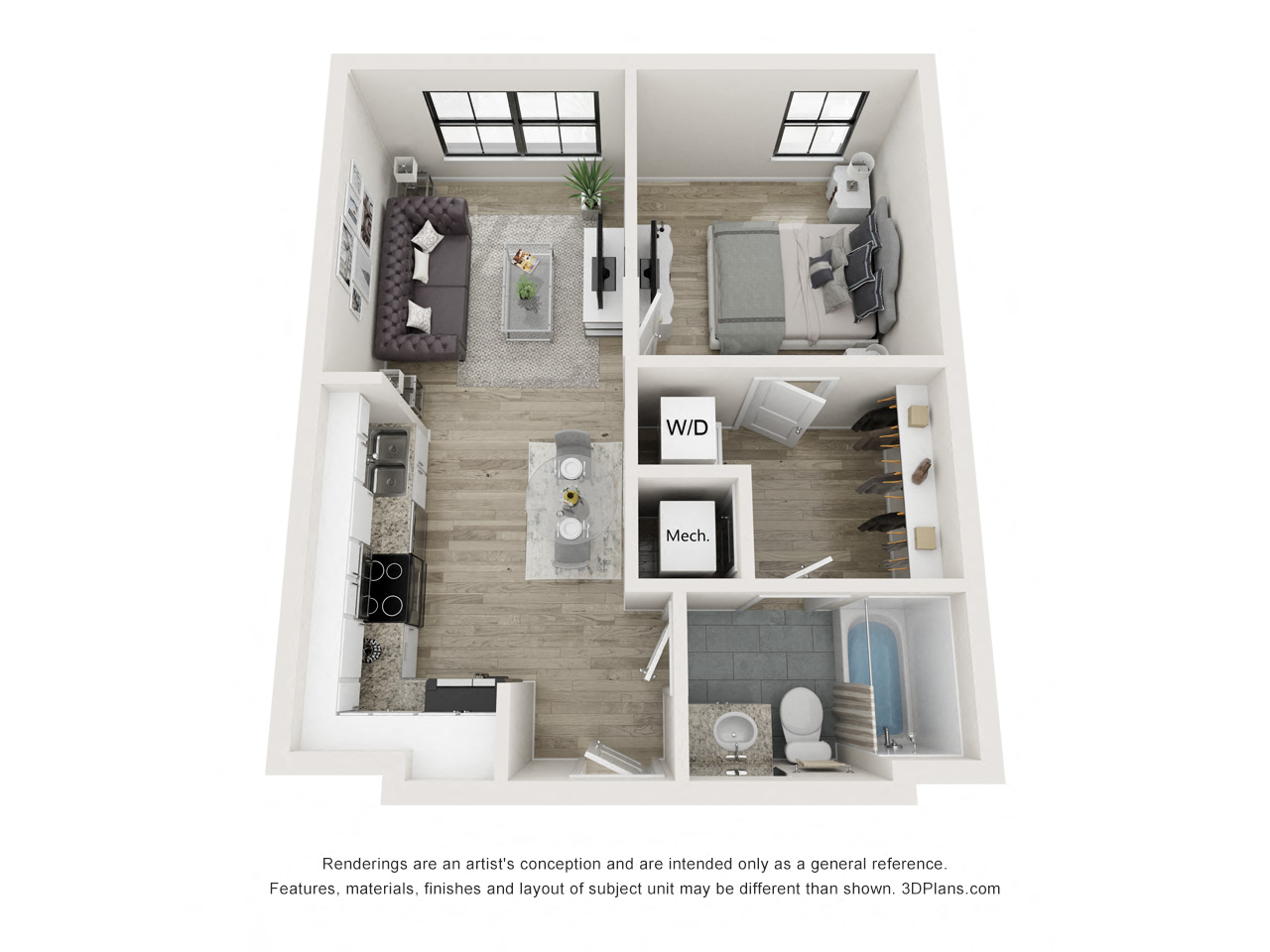 Floor plan for 1 bed, 1 bath, 540 sqft