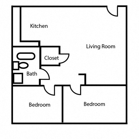 Floor plan for 2 beds, 1 bath, 672 sqft