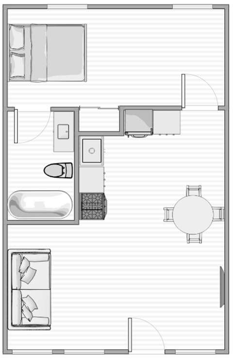 Floor plan for 1 bed, 1 bath, 500 sqft
