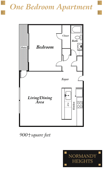 Floor plan for 1 bed, 1 bath, 900 sqft