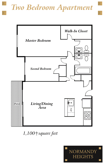 Floor plan for 2 beds, 1.5 baths, 1100 sqft