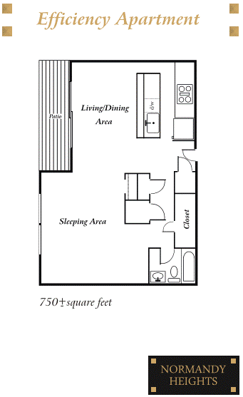 Floor plan for studio, 1 bath, 750 sqft