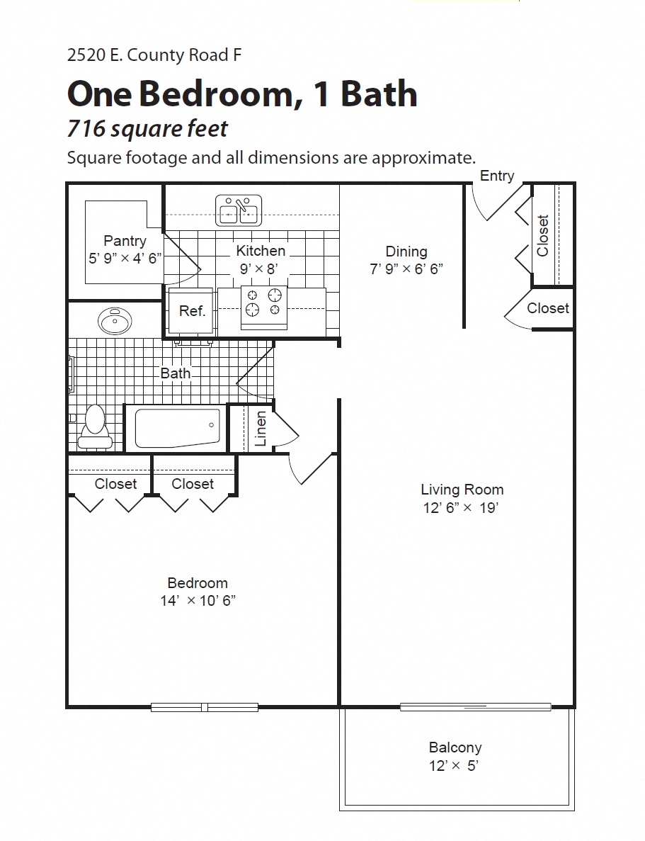 Floor plan for 1 bed, 1 bath, 649 sqft