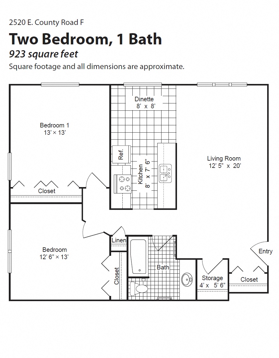 Floor plan for 2 beds, 1 bath, 862 sqft