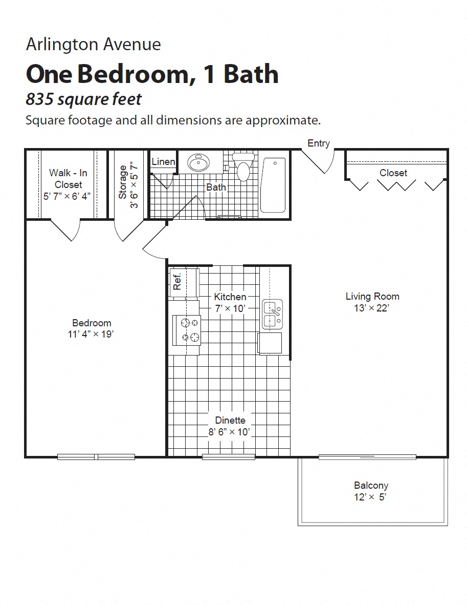 Floor plan for 1 bed, 1 bath, 835 sqft