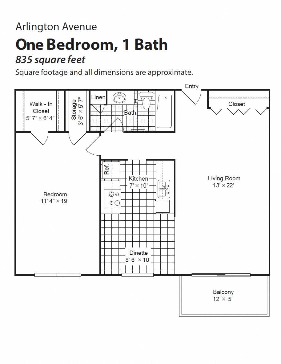 Floor plan for 1 bed, 1 bath, 835 sqft