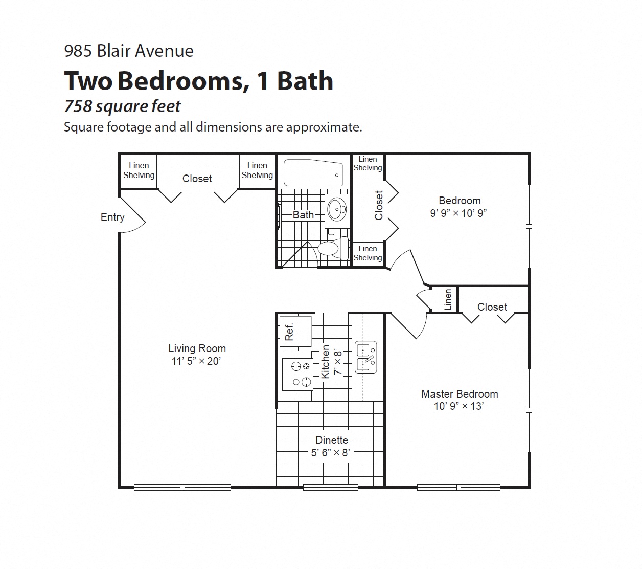 Floor plan for 2 beds, 1 bath, 758 sqft