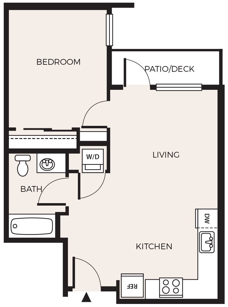 Floor plan for 1 bed, 1 bath, 596 sqft