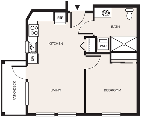 Floor plan for 1 bed, 1 bath, 538 sqft