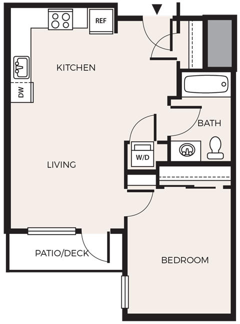 Floor plan for 1 bed, 1 bath, 614 sqft