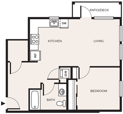 Floor plan for 1 bed, 1 bath, 657 sqft