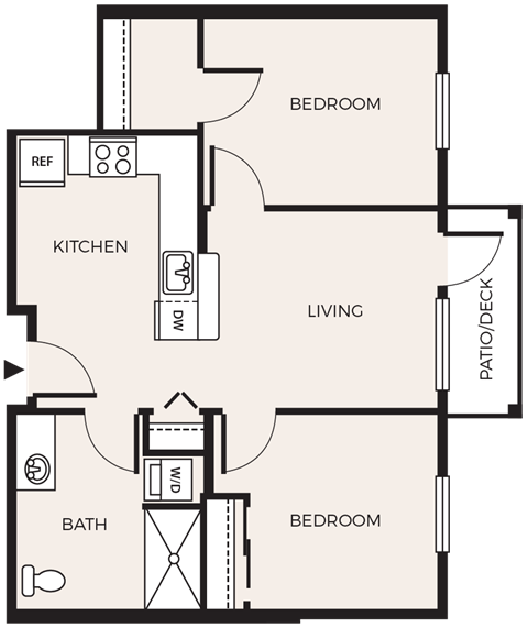 Floor plan for 2 beds, 1 bath, 717 sqft