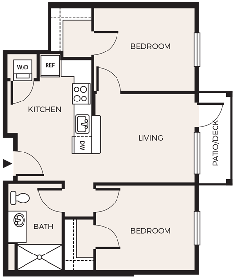 Floor plan for 2 beds, 1 bath, 718 sqft