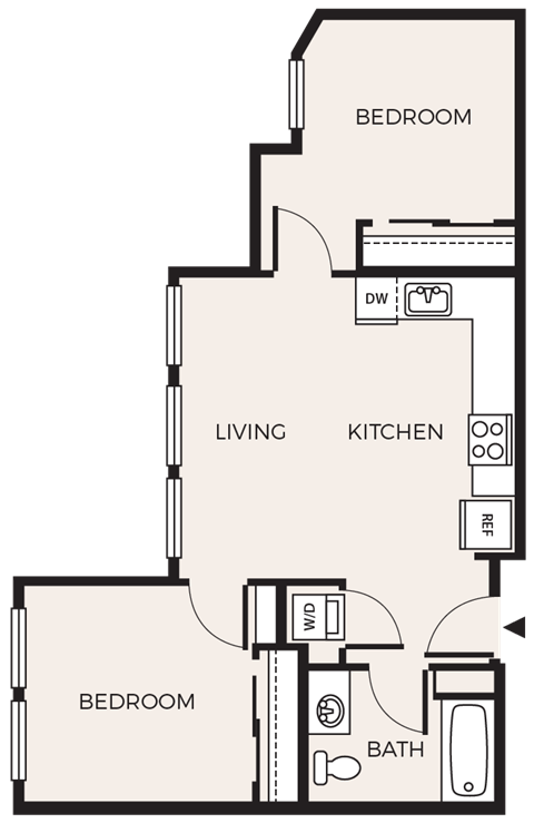 Floor plan for 2 beds, 1 bath, 705 sqft