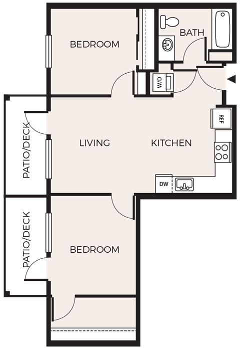 Floor plan for 2 beds, 1 bath, 754 sqft