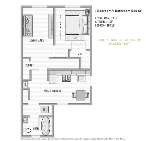 Floor plan for 1 bed, 1 bath, 807 sqft