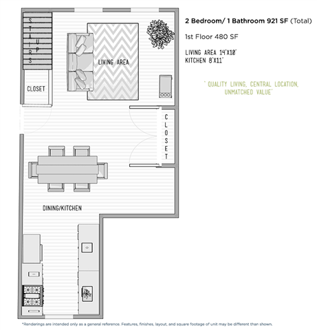 Floor plan for 2 beds, 1 bath, 994 sqft