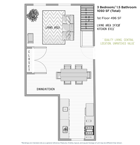 Floor plan for 3 beds, 1.5 baths, 1080 sqft