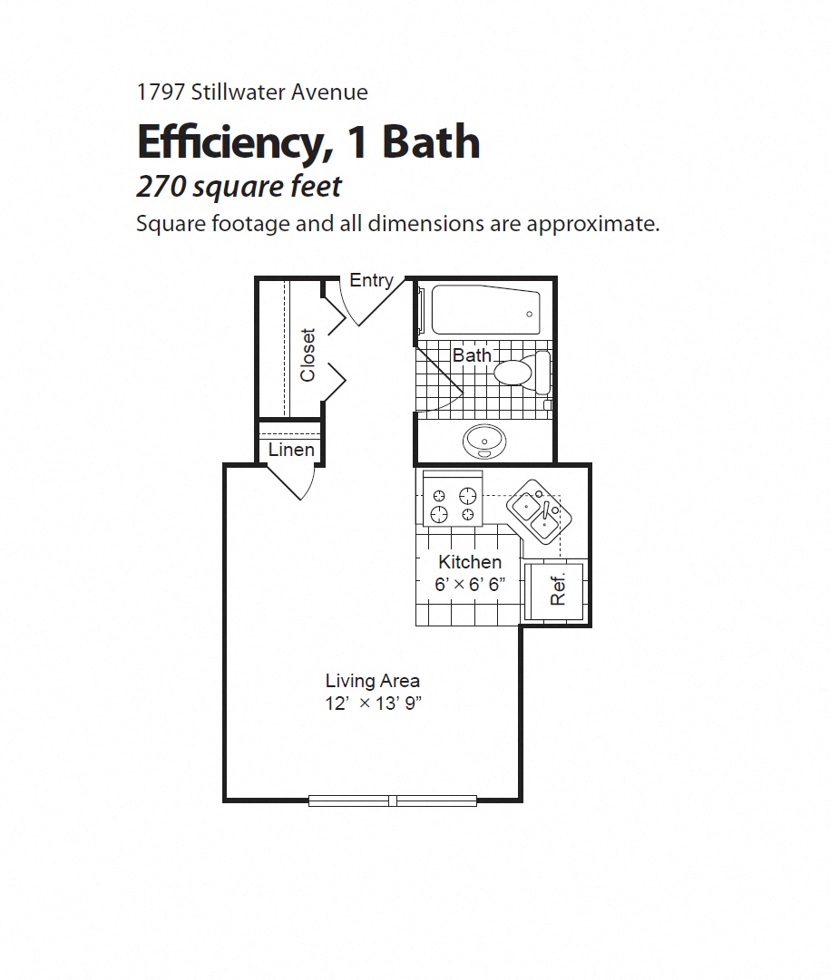 Floor plan for studio, 1 bath, 270 sqft