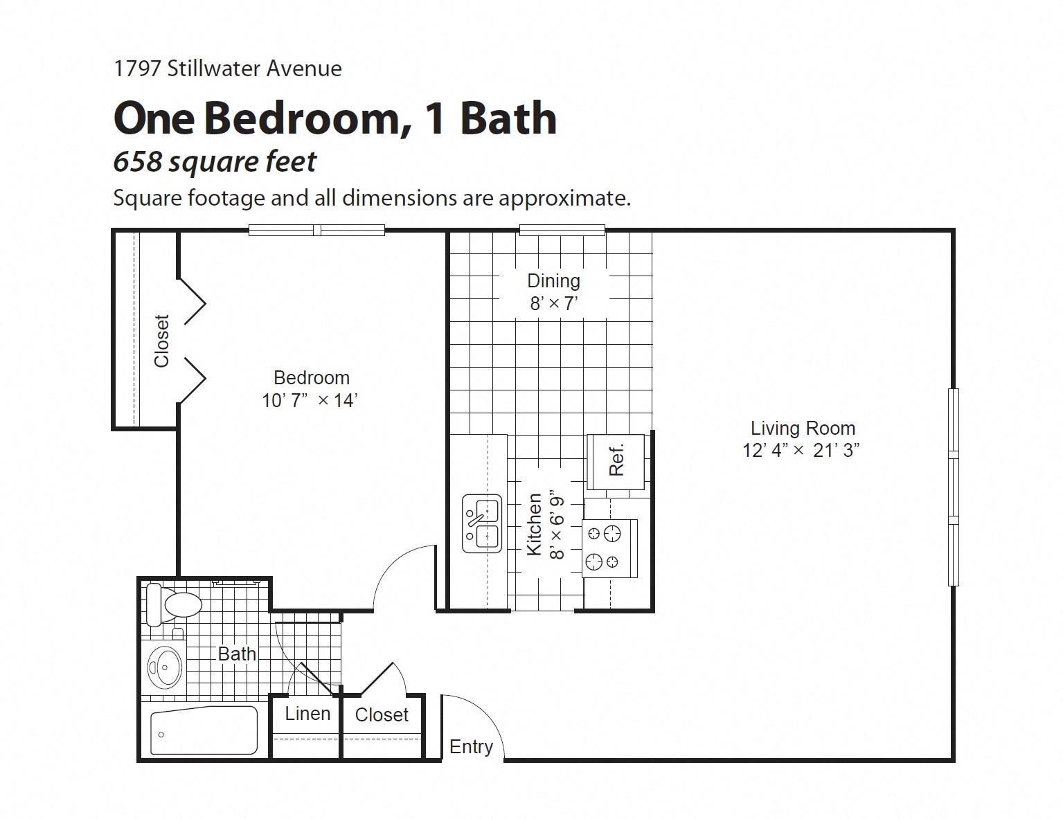 Floor plan for 1 bed, 1 bath, 658 sqft