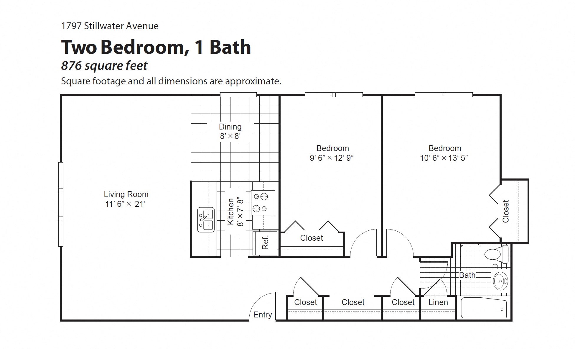 Floor plan for 2 beds, 1 bath, 876 sqft