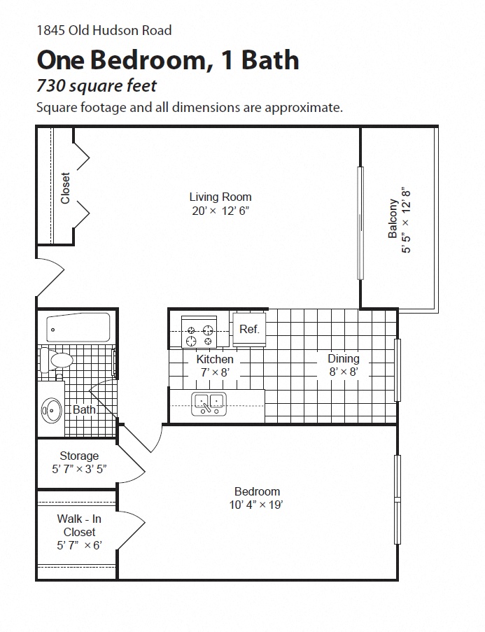 Floor plan for 1 bed, 1 bath, 730 sqft