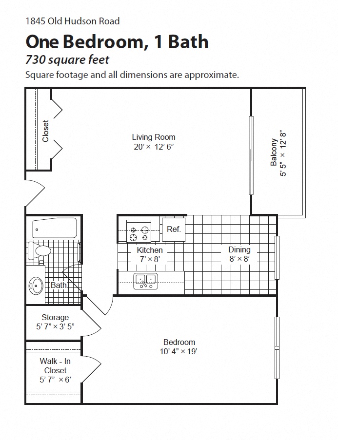 Floor plan for 1 bed, 1 bath, 730 sqft