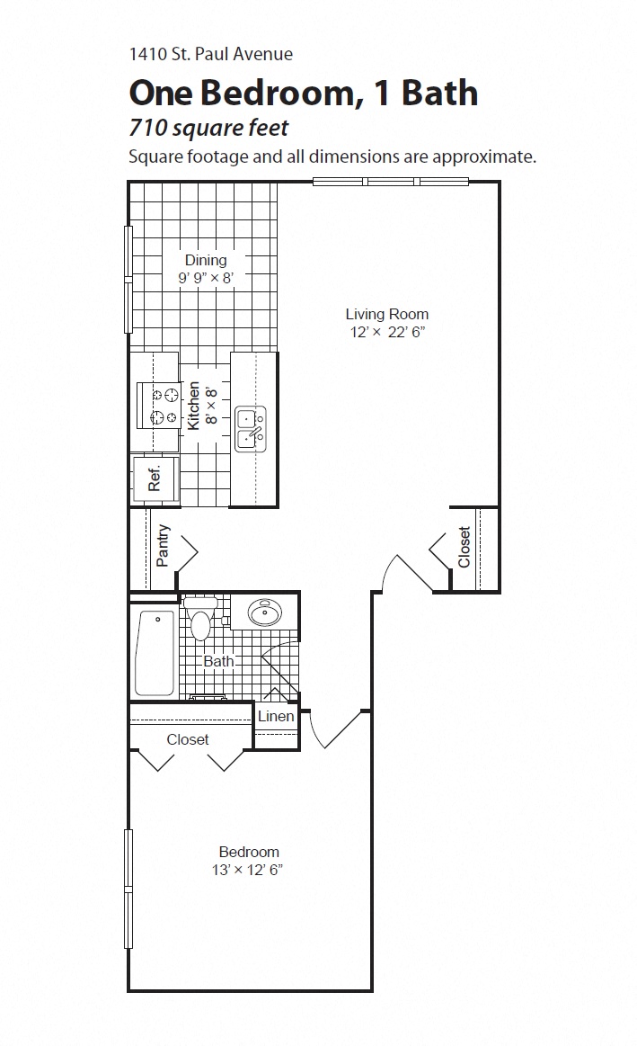 Floor plan for 1 bed, 1 bath, 710 sqft