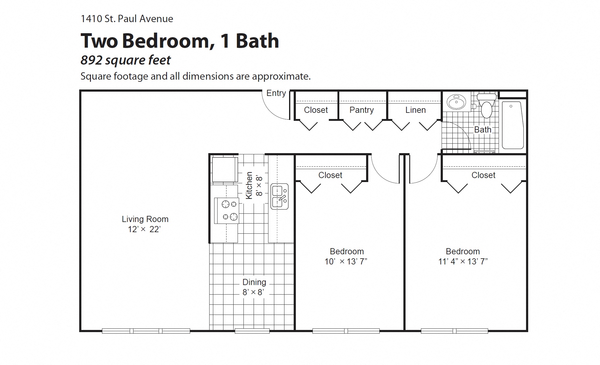 Floor plan for 2 beds, 1 bath, 892 sqft