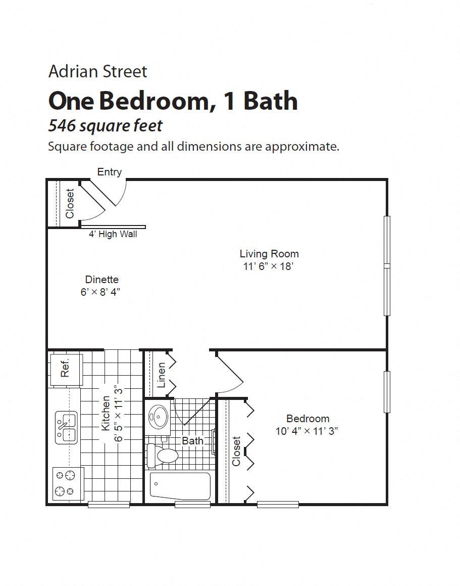 Floor plan for 1 bed, 1 bath, 506 sqft