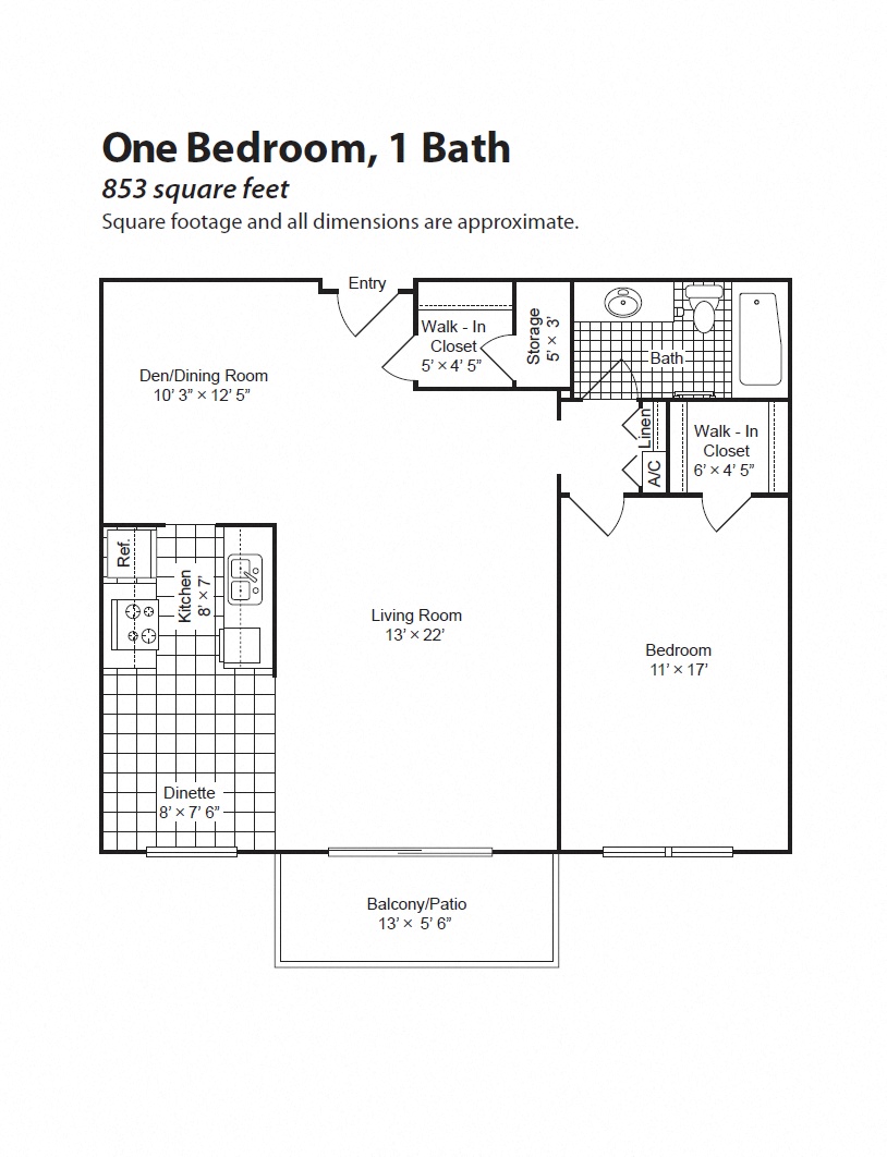 Floor plan for 1 bed, 1 bath, 853 sqft