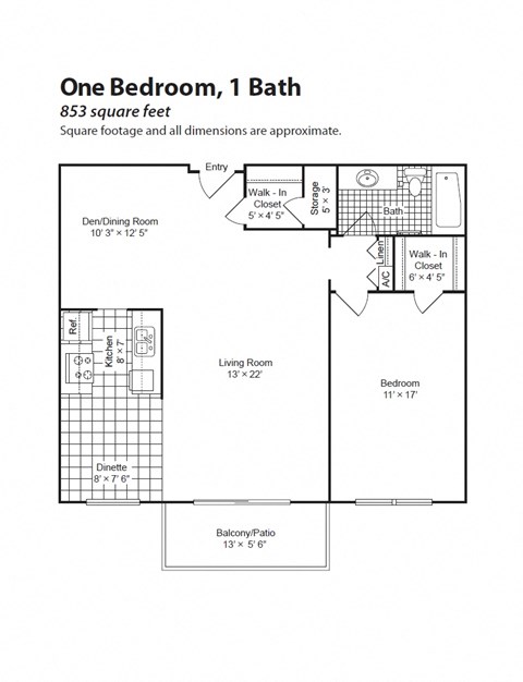 Floor plan for 1 bed, 1 bath, 853 sqft