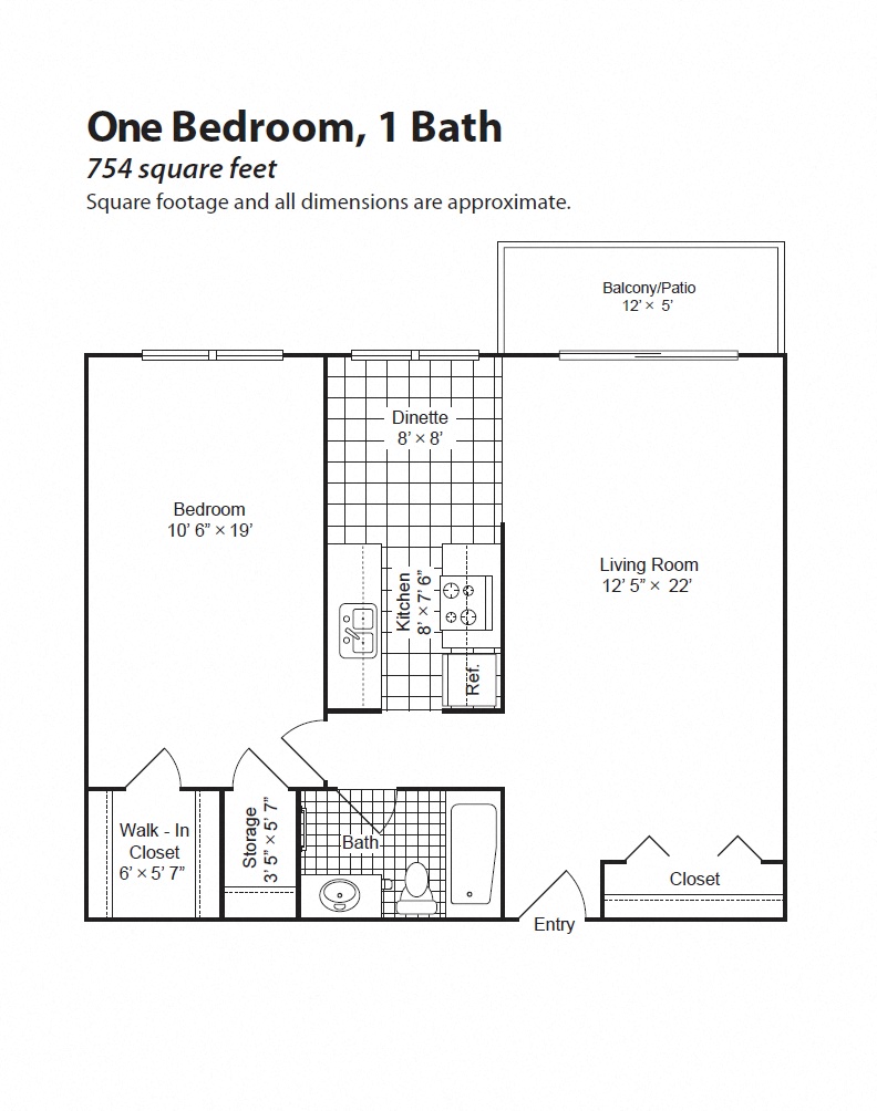 Floor plan for 1 bed, 1 bath, 754 sqft
