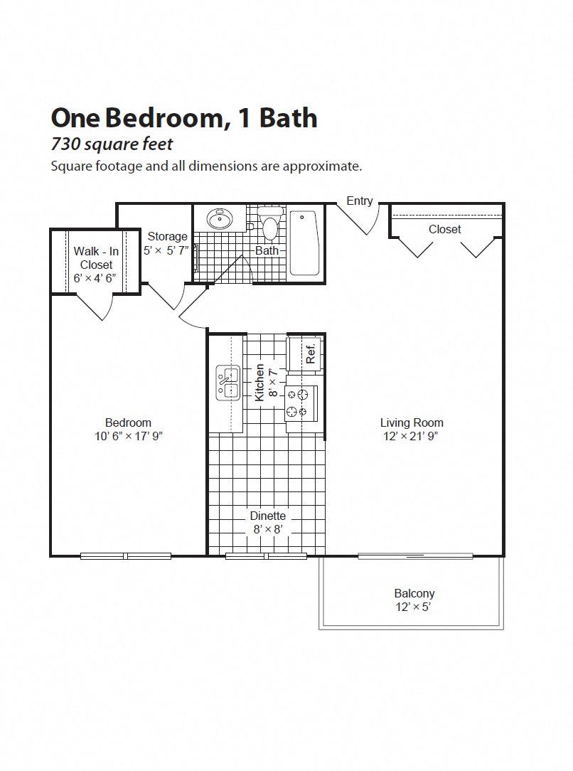 Floor plan for 1 bed, 1 bath, 730 sqft