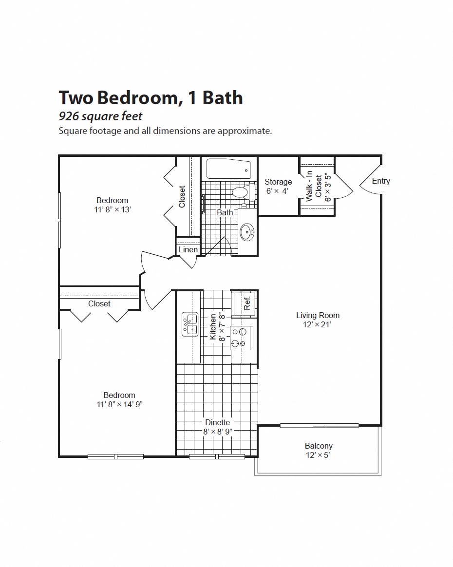 Floor plan for 2 beds, 1 bath, 926 sqft