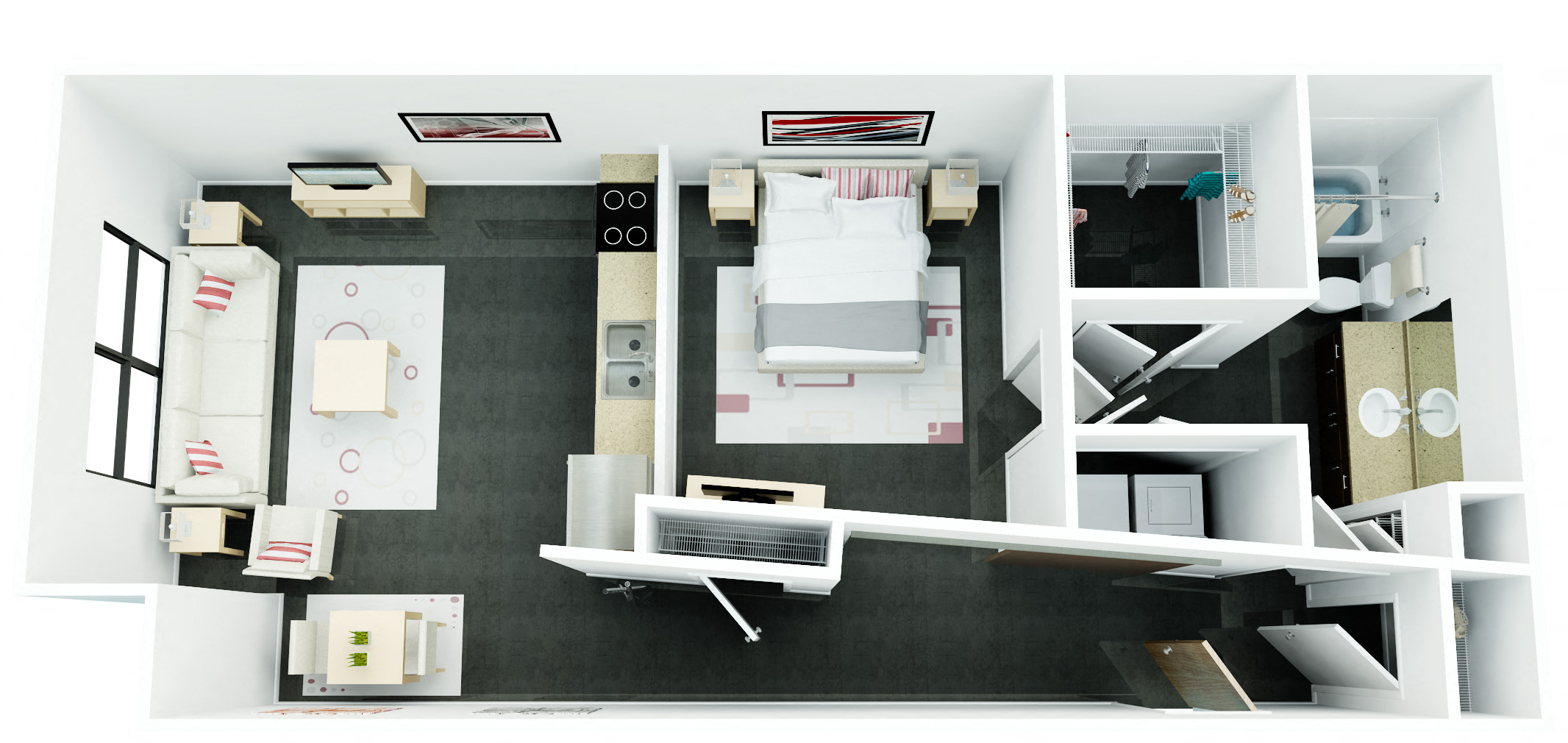 Floor plan for 1 bed, 1 bath, 719 sqft