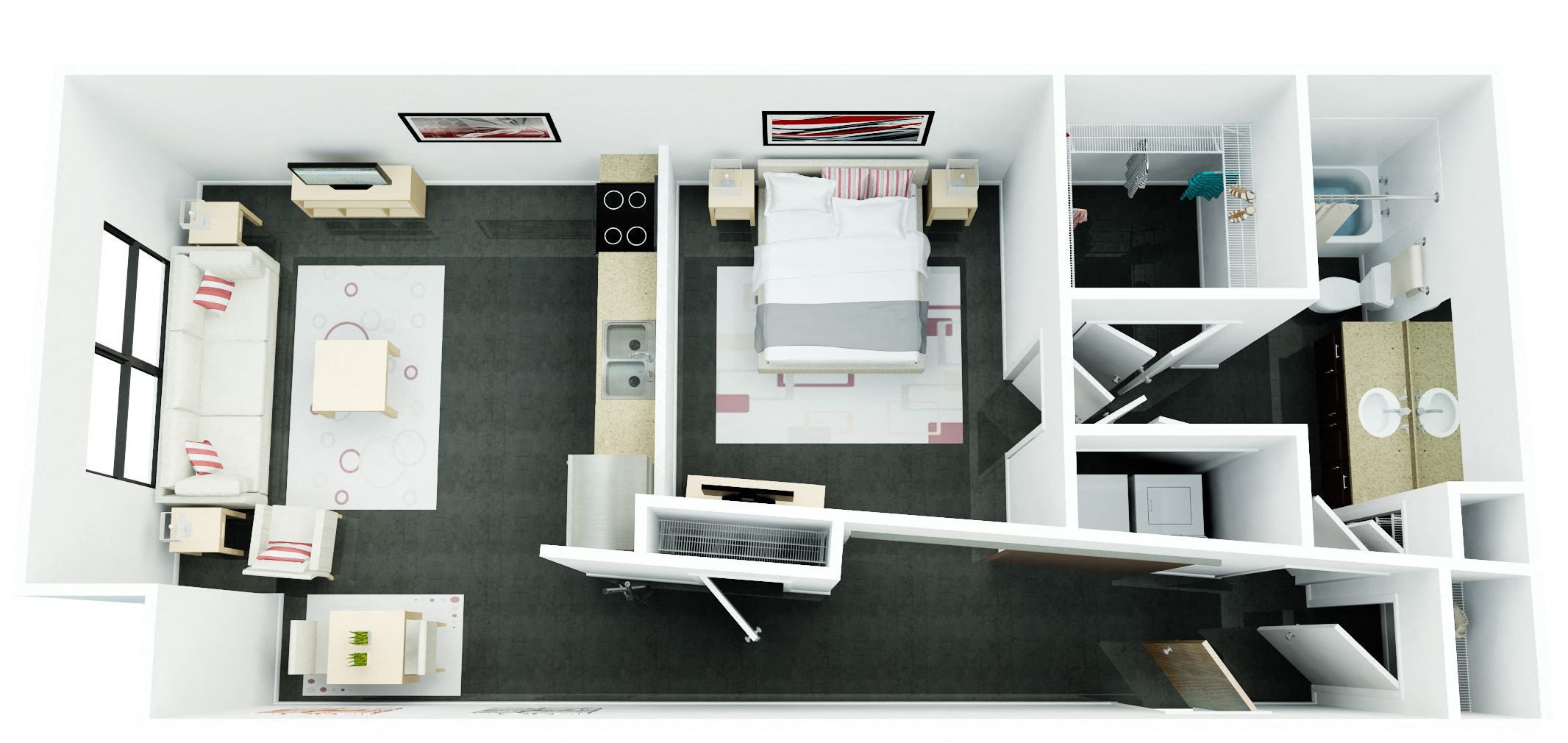 Floor plan for 1 bed, 1 bath, 731 sqft